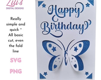 Pop up Butterfly and stars Birthday Card - SVG - PNG - EPS - Simple cut