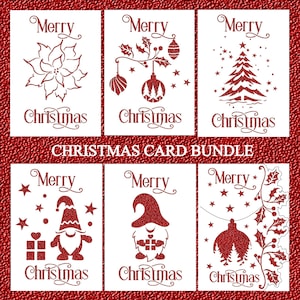 May include: A set of six printable Christmas card designs. Each card features a different festive design, including a poinsettia, a Christmas tree, a gnome, and a hanging ornament. The cards are all white with red text and designs.
