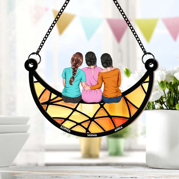 Personalized Mother & Daughter Sitting On The Moon Suncatcher, Mother's Day Gift, Suncatcher Ornament, Window Hanging Decor, Mom Gift