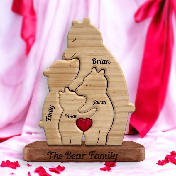 Personalized Wooden Family Name Bear Puzzle, Custom Single Parent Family With Stand, Wooden Pet Carvings, Father's Day Gift, Bear Puzzle