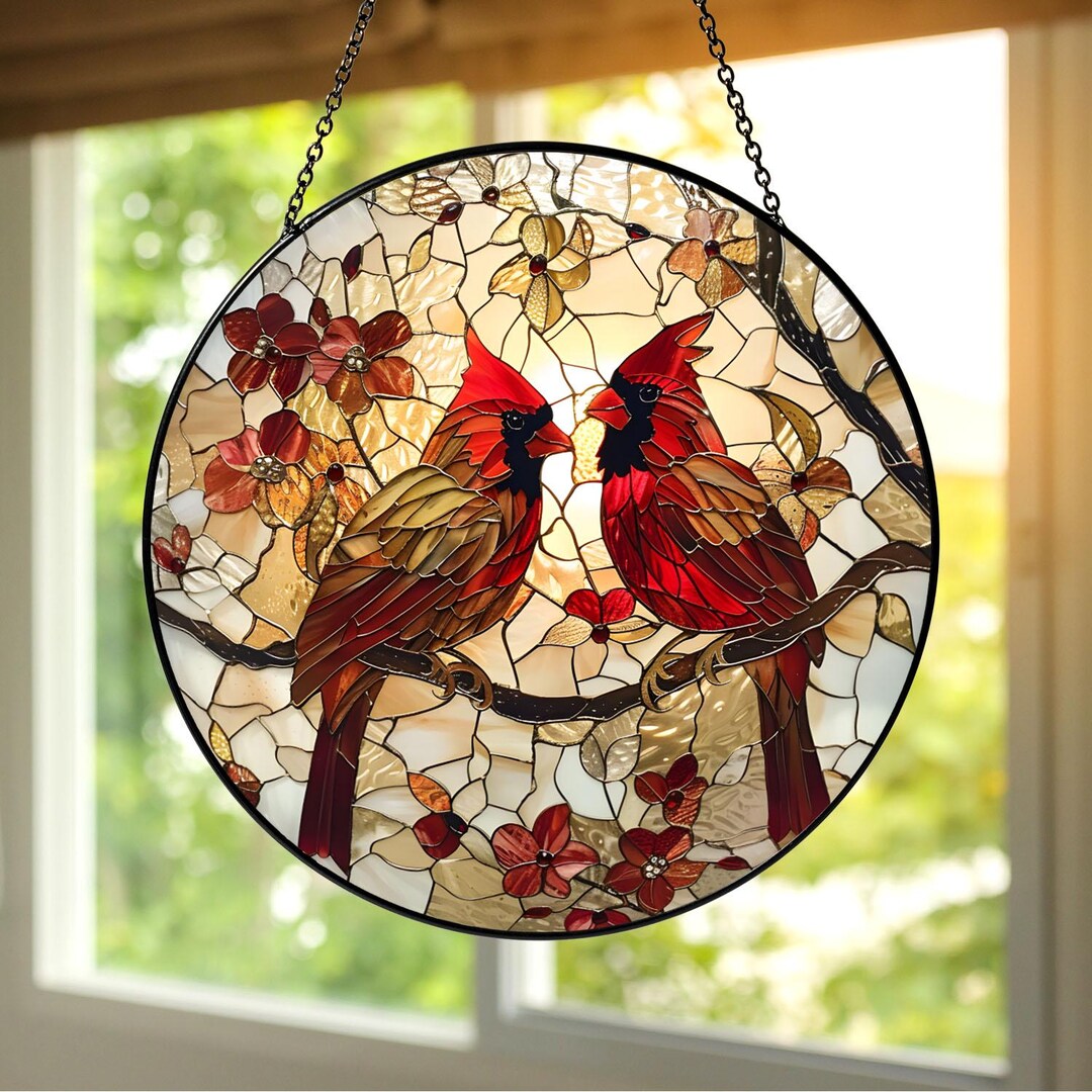 Large Cardinal Display Cardinal Stained Glass Suncatcher, Red Cardinal Couple Window Hanging ...