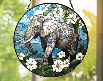 Art Nouveau Elephant With Headdress: Stained Glass Style Window