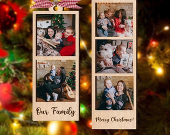 May include: Two vertical wooden photo ornaments with red and white gingham bows. The left ornament features two family photos and the text "Our Family". The right ornament displays three family photos and the text "Merry Christmas!".
