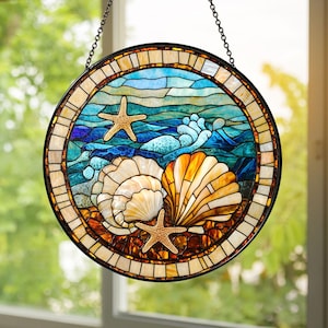 Seashell Starfish Stained Glass Suncatcher: Coastal Ocean Window Decor