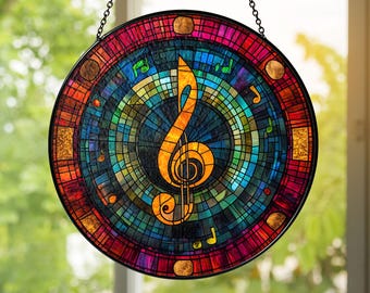 Music Note Stained Glass Window Panel, Glass Treble Clef, Fused