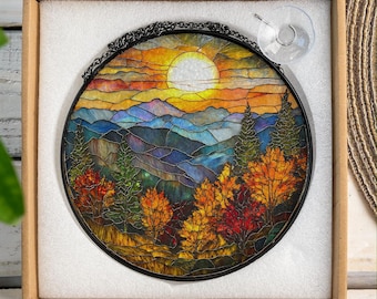 Stained Glass Window Hanging, Sunset Mountains Lake Tree Sun Catcher for Window Home Decor Landscape Suncatcher Mountain Sun Catcher Hanging
