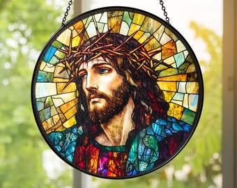 Jesus Christ Stained Glass Suncatcher | Crown of Thorns Window Hanging | Handmade Christian Religious Home Décor Gift