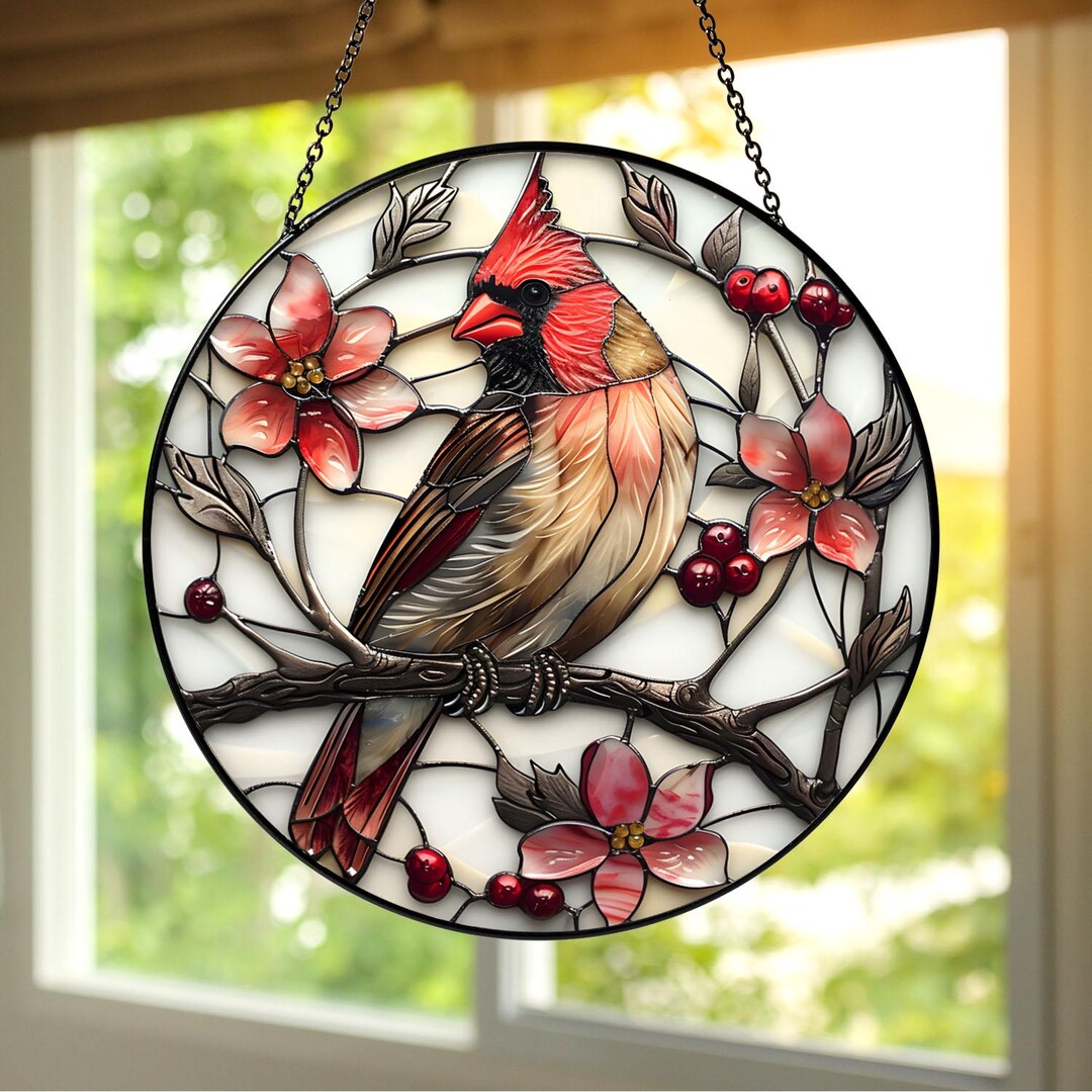 Large Cardinal Display Cardinal Stained Glass Suncatcher, Red Cardinal Window Hanging, Bird ...
