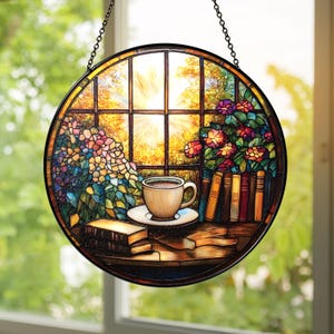 May include: Round stained glass window art featuring a coffee cup on a saucer, books, and flowers. The window design includes a view of a sunny outdoor scene. The artwork is framed in black and hangs from a chain.
