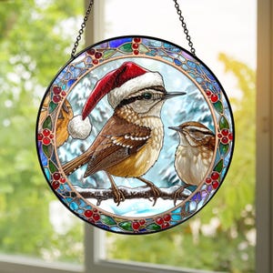 Christmas Carolina Wren Bird Stained Glass Ornament, Festive Bird Window Hanging, Holiday Sun Catcher Décor, Handmade Gift for Bird Lovers
