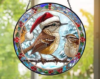 Christmas Carolina Wren Stained Glass Ornament: Holiday Bird Suncatcher