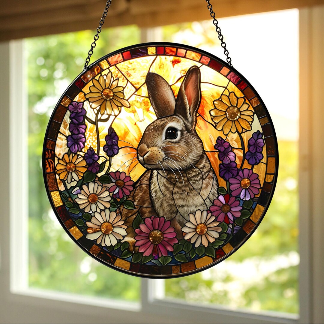 Stained Glass Spring Rabbit Easter Rabbit Stained Glass Window Hanging, Bunny Floral Suncatcher ...