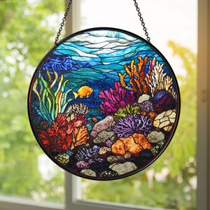 Coral Reef Stained Glass Suncatcher: Ocean Window Art, Coastal Decor