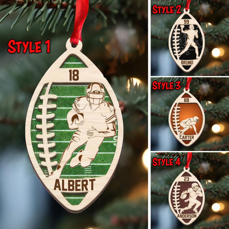 Personalized Football Wood Christmas Ornament, Custom Name Number