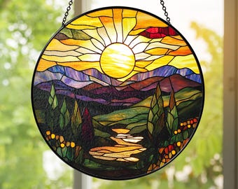 Sunrise Mountain Stained Glass Suncatcher | Nature Landscape Window Hanging | Rustic Farmhouse & Boho Home Décor Gift
