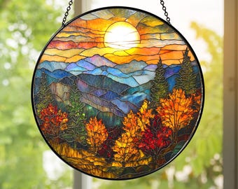 Mountain Sunset Stained Glass Suncatcher, Round Forest Window Hanging, Autumn Nature Landscape Art, Hiker Gift for Her, Mom Birthday Gift
