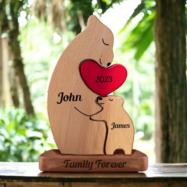 Personalized Single Parents Bear Family With Stand, Puzzle Wooden Bear Family, Custom Name Bear Family, Mother's Day Gift, Gift for Mom Dad