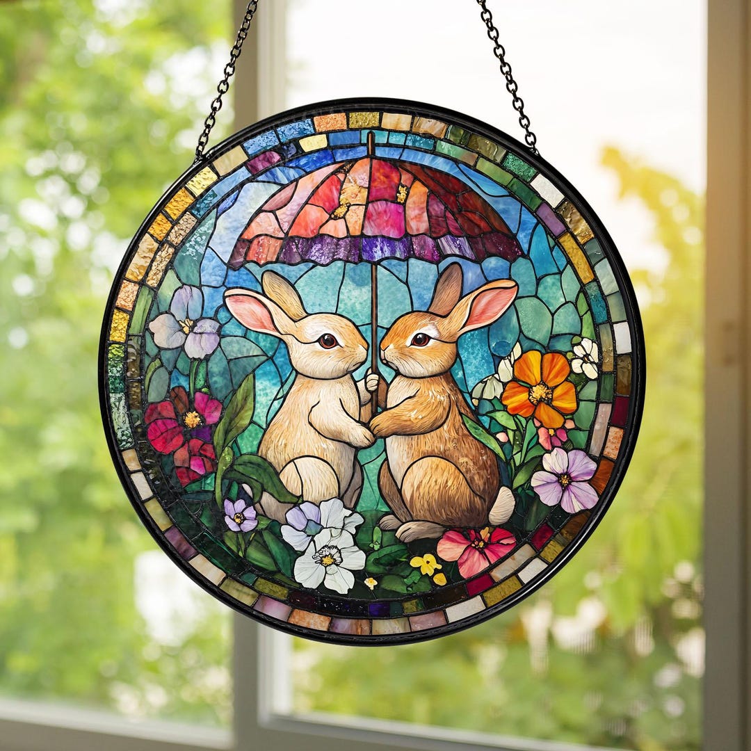 Stained Glass Spring Rabbit Bunny Couple Stained Glass Suncatcher | Easter Window Hanging With ...