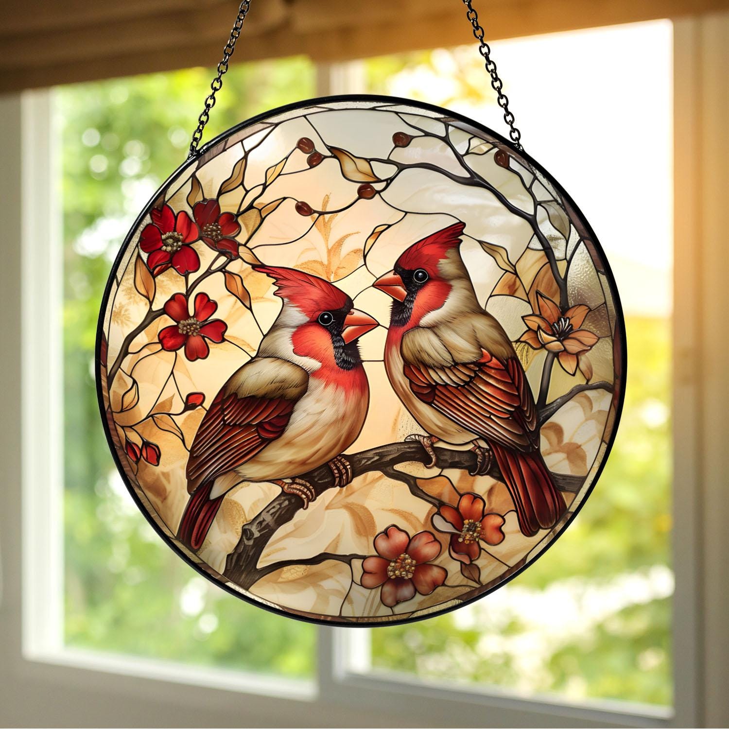 Cardinal Stained Glass Suncatcher, Red Cardinal Couple Window Hanging, Bird Lover Gift, Cardinal Window Decor, Memorial Cardinal Sun Catcher