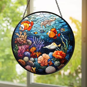 Stained Glass Coral Reef Suncatcher: Tropical Fish Window Hanging