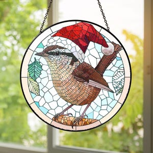 Carolina Wren Bird Stained Glass Suncatcher, Christmas Bird Ornament with Santa Hat, Handmade Window Hanging Décor, Gift for Bird Lovers