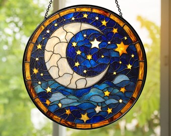 Handmade Moon and Stars Stained Glass Suncatcher: Celestial Boho Decor
