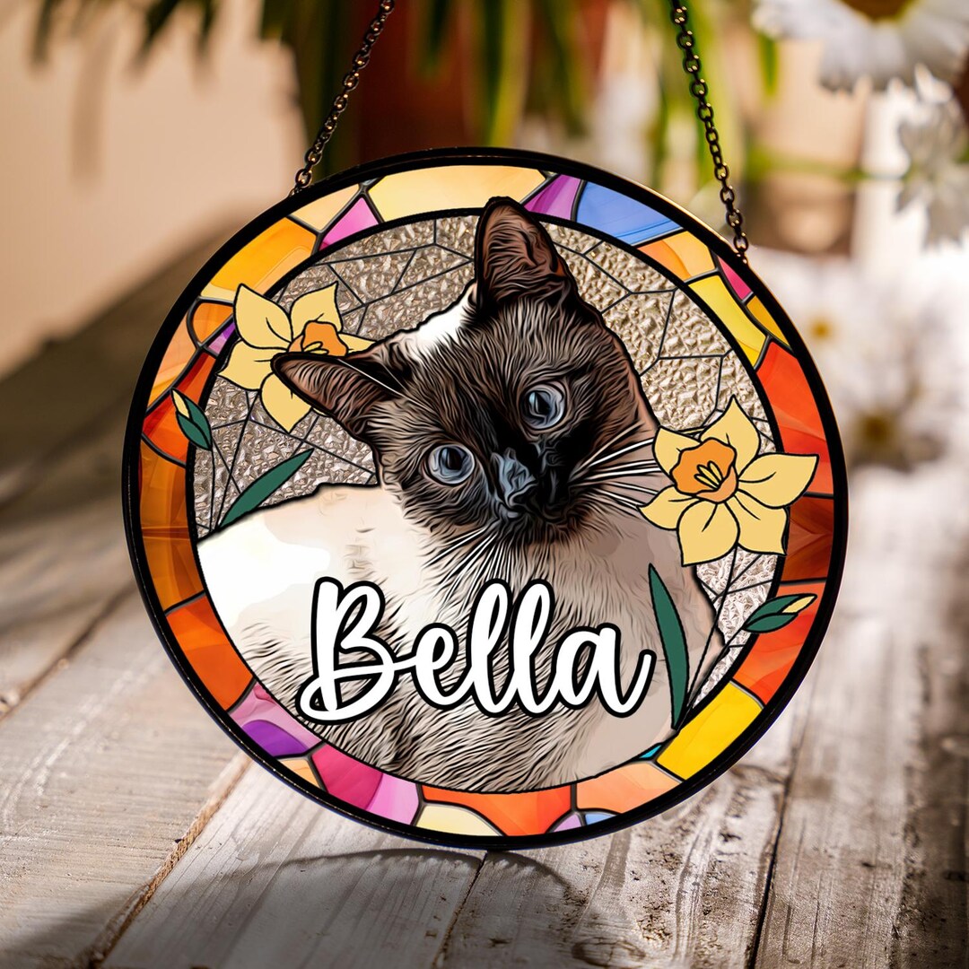 Custom Cat Portrait Art Suncatcher Stained Glass Remembrance Gift Dog ...