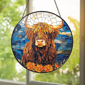 Highland Cow Stained Glass Suncatcher: Rustic Farmhouse Window Decor