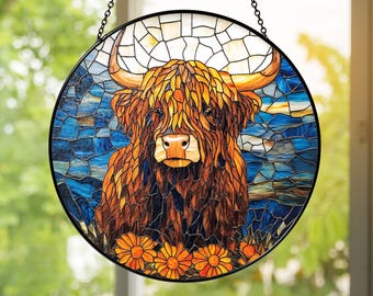 Highland Cow Stained Glass Suncatcher: Rustic Farmhouse Window Decor