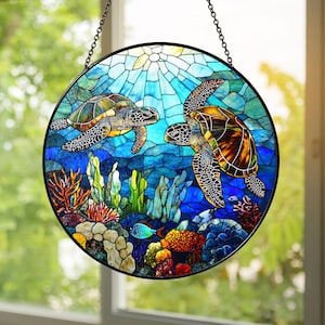 Stained Glass Sea Turtle Suncatcher: Coastal Ocean Window Hanging