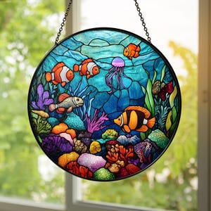 Clownfish Stained Glass Suncatcher: Tropical Reef Window Hanging