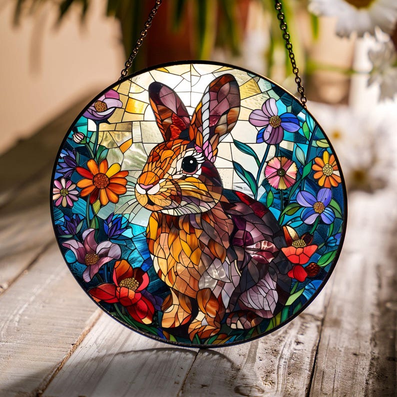 Stained Glass Spring Rabbit Colorful Bunny Stained Glass Suncatcher, Spring Rabbit Window Hanging ...
