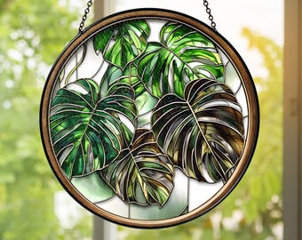 Stained Glass Monstera Leaf Suncatcher: Tropical Window Decor