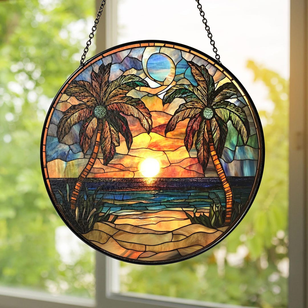 Tropical Sunset Stained Glass Suncatcher | Palm Tree Beach Window ...