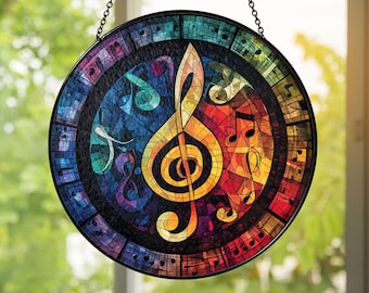 Music Note Stained Glass Window Panel, Glass Treble Clef, Fused