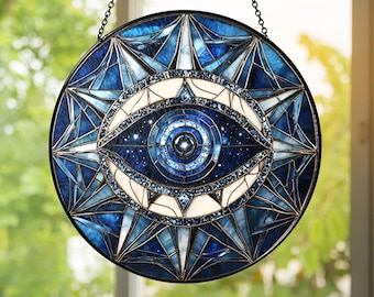 Blue Evil Eye Stained Glass Suncatcher: Boho Spiritual Protection