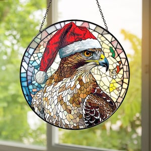 Hawk Christmas Stained Glass Suncatcher, Wildlife Bird Holiday Window Ornament, Santa Hat Hawk Gift for Bird Lovers & Rustic Décor