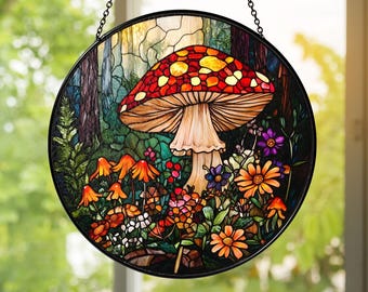 Handmade Mushroom Stained Glass Suncatcher: Cottagecore Window Decor