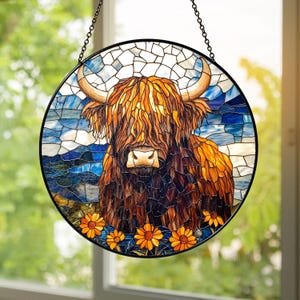 Highland Cow Stained Glass Suncatcher: Rustic Farmhouse Window Decor