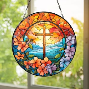 Stained Glass Cross Suncatcher: Handmade Christian Window Hanging with Flowers