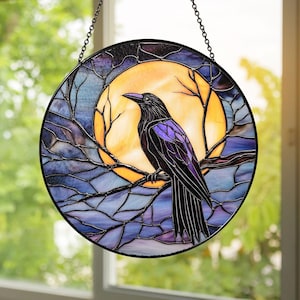 Raven Stained Glass Suncatcher: Gothic Moon Window Hanging