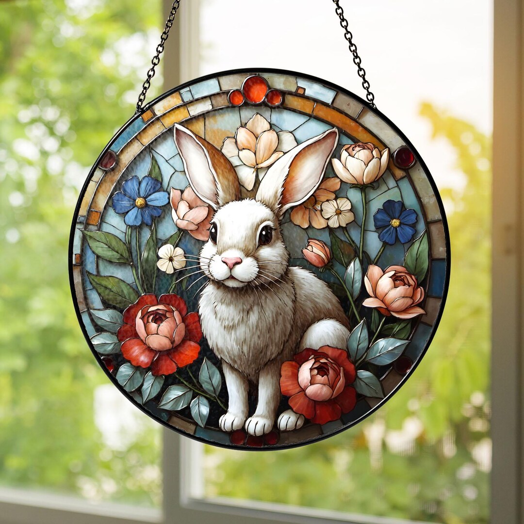 Rabbit Stained Glass Suncatcher: Spring Floral Window Ornament - Etsy