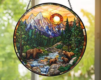 Bear Stained Glass Suncatcher Hanging, Woodland Black Bear Window Decor, Mothers Day Gift For Mom Suncatcher, Bear Suncatcher Hanging Decor