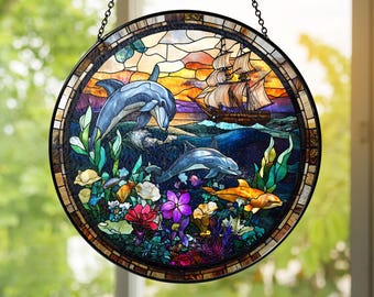 Dolphins & Sailboat Stained Glass Window Panel - Lake Two Dolphins