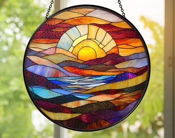 Stained Glass Sunset Suncatcher | Handmade Mountain Landscape Window Hanging | Colorful Sunrise Sun Catcher Home Décor Gift