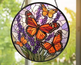 Monarch Butterfly Stained Glass Suncatcher: Lavender Cottagecore Window Decor