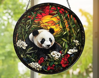 Panda Bears, Blossoms & Pagoda Leaded Stained Glass Window Panel