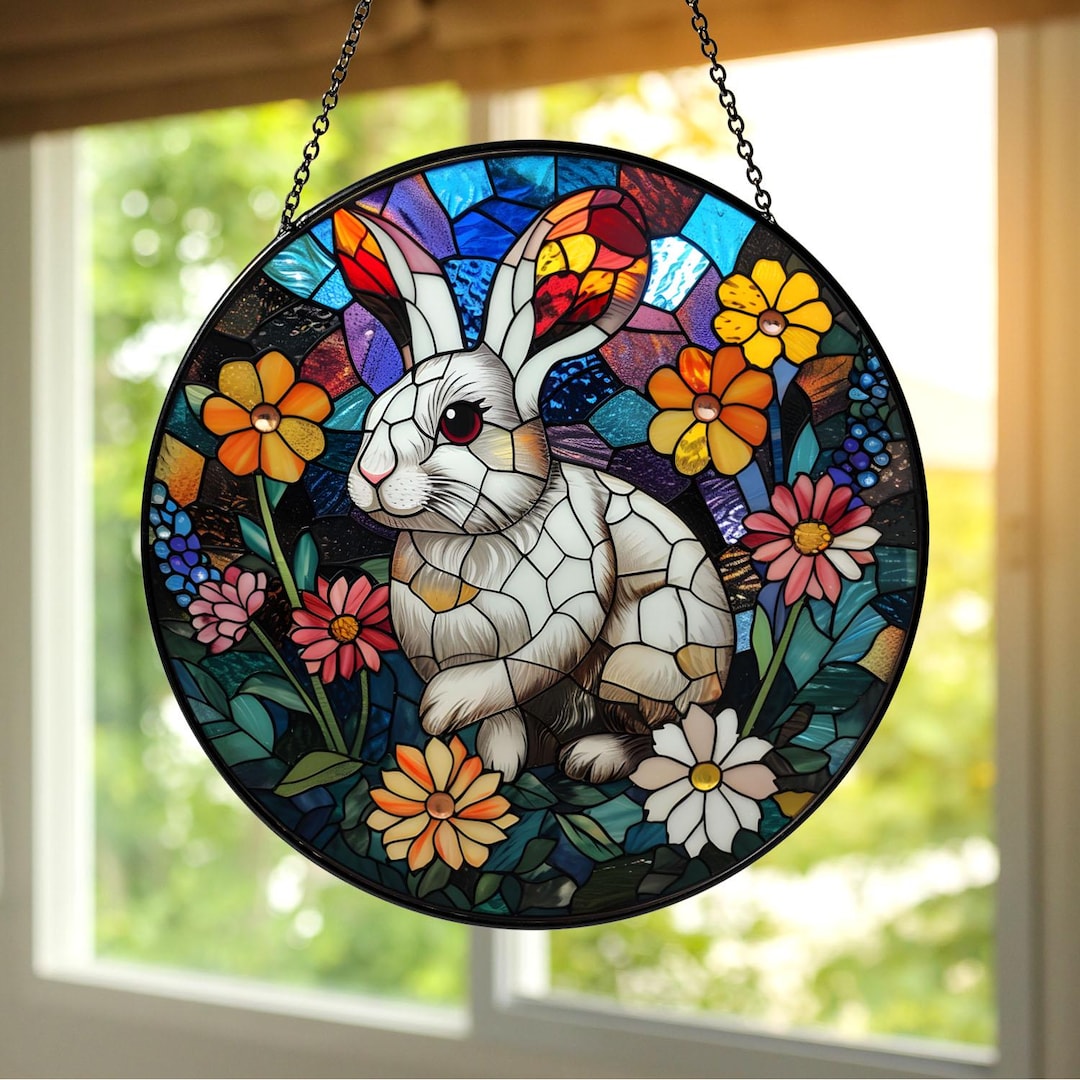 Stained Glass Spring Rabbit Spring Bunny Stained Glass Window Hanging, Rabbit Floral Suncatcher ...