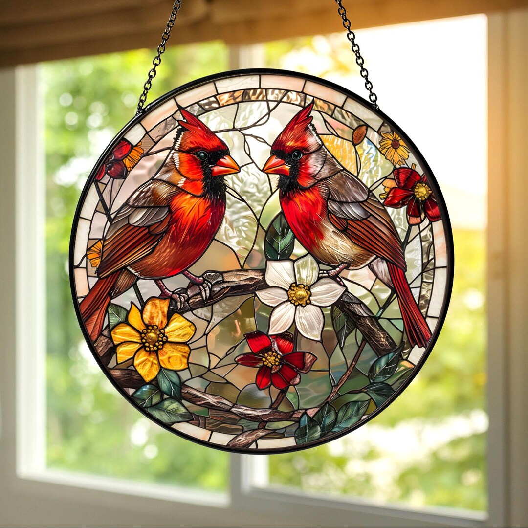 Large Cardinal Display Cardinal Stained Glass Suncatcher, Red Cardinal Couple Window Hanging ...