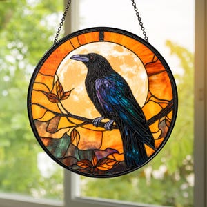 Stained Glass Raven Suncatcher: Gothic Window Hanging, Halloween Decor